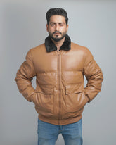 Men's Faux Leather Puffer Jacket with Removable Fur Collar