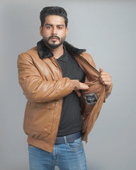 Men's Faux Leather Puffer Jacket with Removable Fur Collar