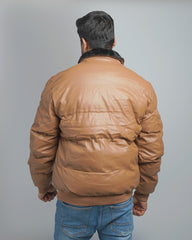 Men's Faux Leather Puffer Jacket with Removable Fur Collar