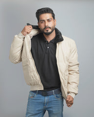 Men's Faux Leather Puffer Jacket with Removable Fur Collar