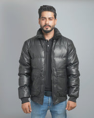 Men's Faux Leather Puffer Jacket with Removable Fur Collar