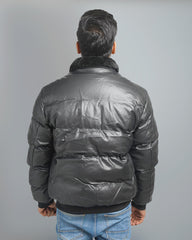 Men's Faux Leather Puffer Jacket with Removable Fur Collar