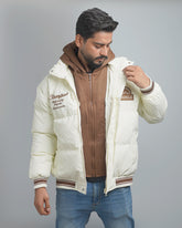 Men's Varsity Style Puffer Jacket with Hood - Embroidered Insulated Bomber