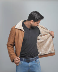 Men's Faux Suede Shearling Lined Jacket - Warm Winter Bomber