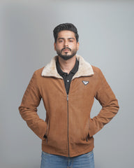 Men's Faux Suede Shearling Lined Jacket - Warm Winter Bomber