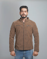Men's Faux Suede Biker Jacket with Quilted Shoulder Detail - Moto Style Outerwear