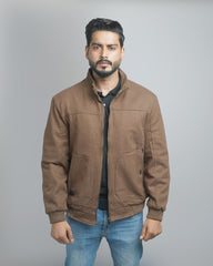 Men's Luxury Wool Blend Bomber Jacket with Faux Fur Shearling Collar