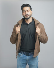 Men's Luxury Wool Blend Bomber Jacket with Faux Fur Shearling Collar