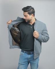 Men's Luxury Wool Blend Bomber Jacket with Faux Fur Shearling Collar