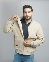 Men's Luxury Wool Blend Bomber Jacket with Faux Fur Shearling Collar
