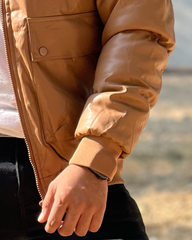 Men's Faux Leather Puffer Jacket with Removable Fur Collar