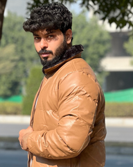 Men's Faux Leather Puffer Jacket with Removable Fur Collar