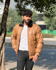 Men's Faux Leather Puffer Jacket with Removable Fur Collar