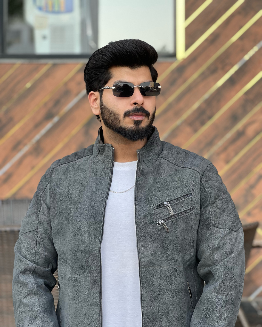 Men's Faux Suede Biker Jacket with Quilted Shoulder Detail - Moto Style Outerwear