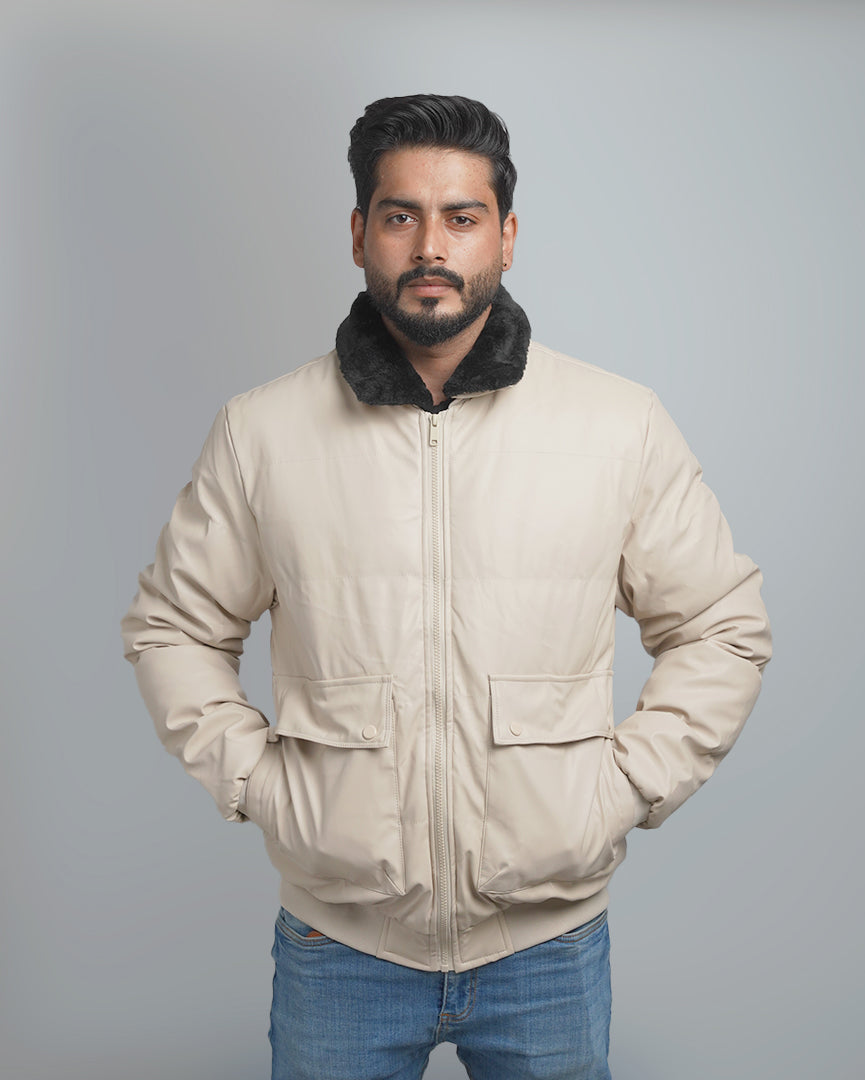 Men's Faux Leather Puffer Jacket with Removable Fur Collar