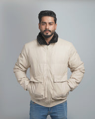 Men's Faux Leather Puffer Jacket with Removable Fur Collar