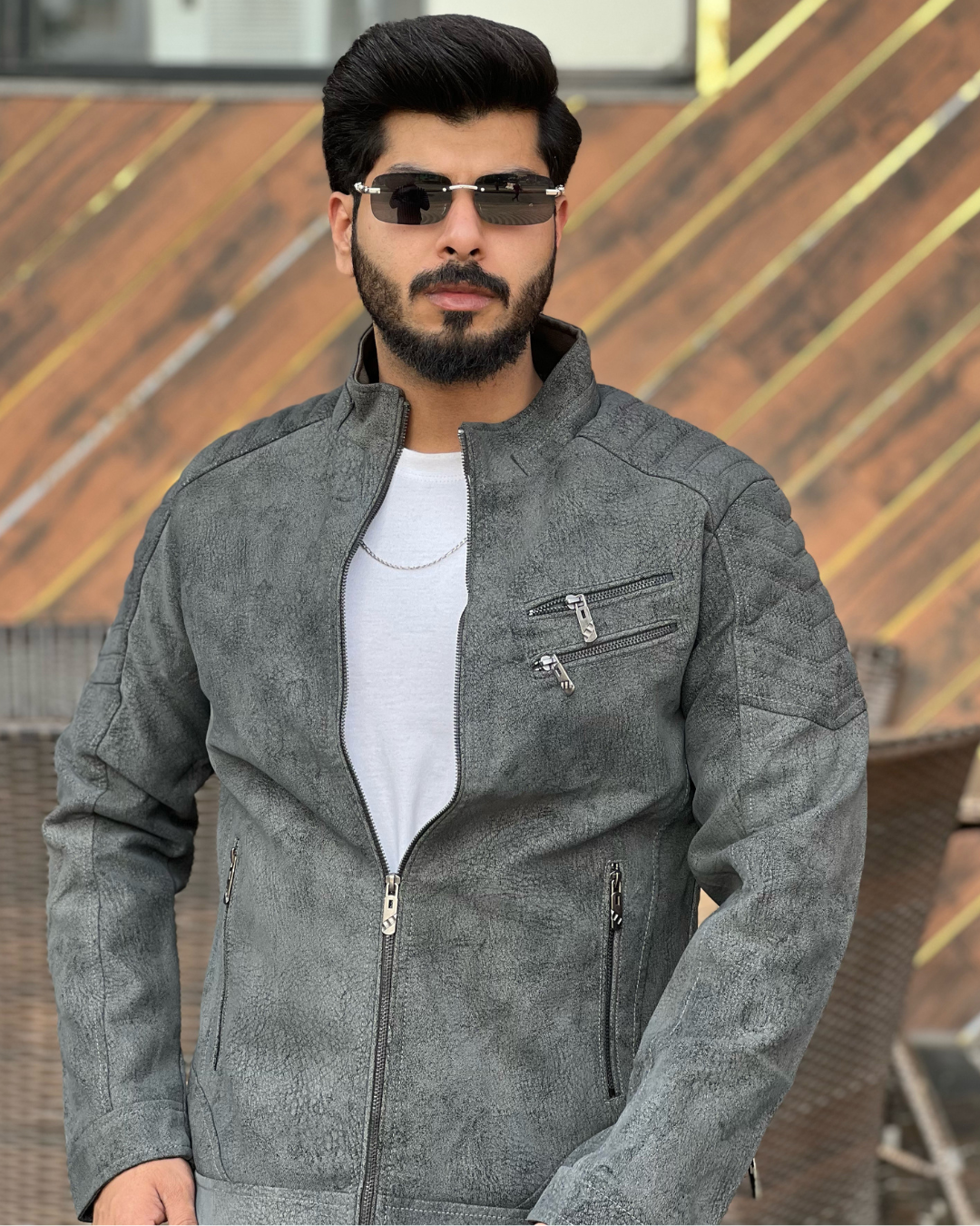 Men's Faux Suede Biker Jacket with Quilted Shoulder Detail - Moto Style Outerwear