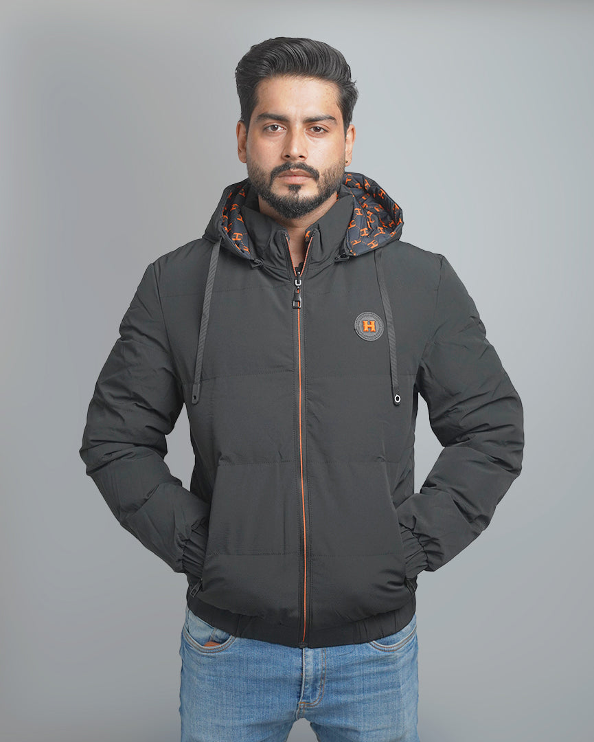 Men's Hooded Puffer Jacket with Patterned Lining