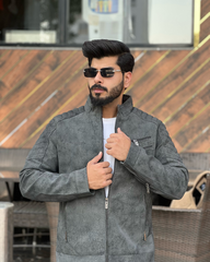 Men's Faux Suede Biker Jacket with Quilted Shoulder Detail - Moto Style Outerwear