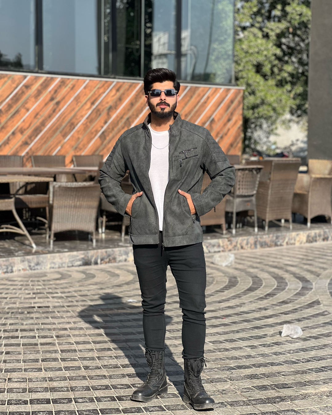 Men's Faux Suede Biker Jacket with Quilted Shoulder Detail - Moto Style Outerwear