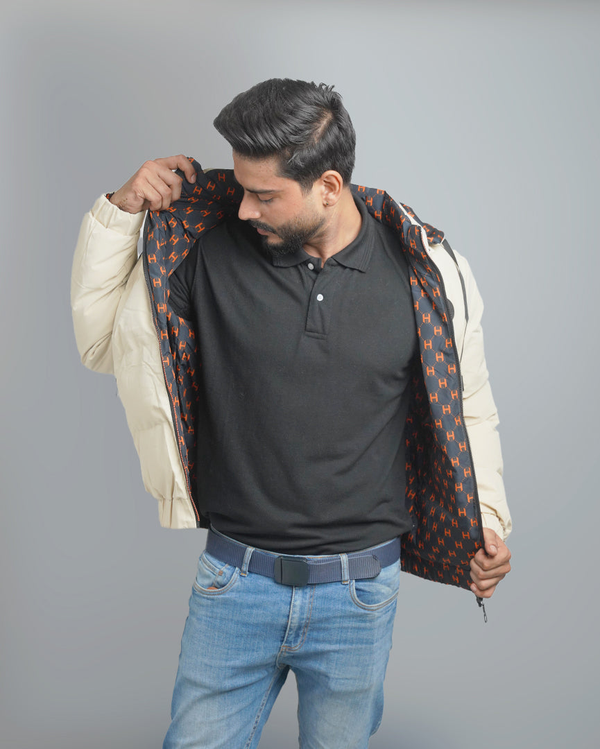 Men's Hooded Puffer Jacket with Patterned Lining