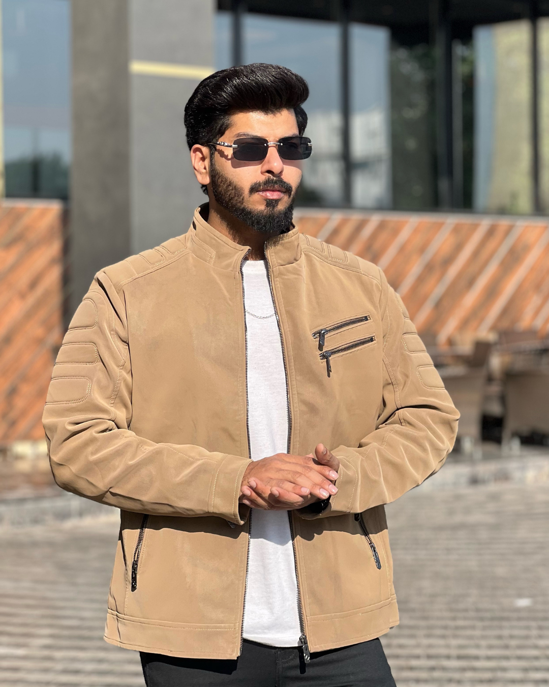 Men's Faux Suede Biker Jacket with Quilted Shoulder Detail - Moto Style Outerwear