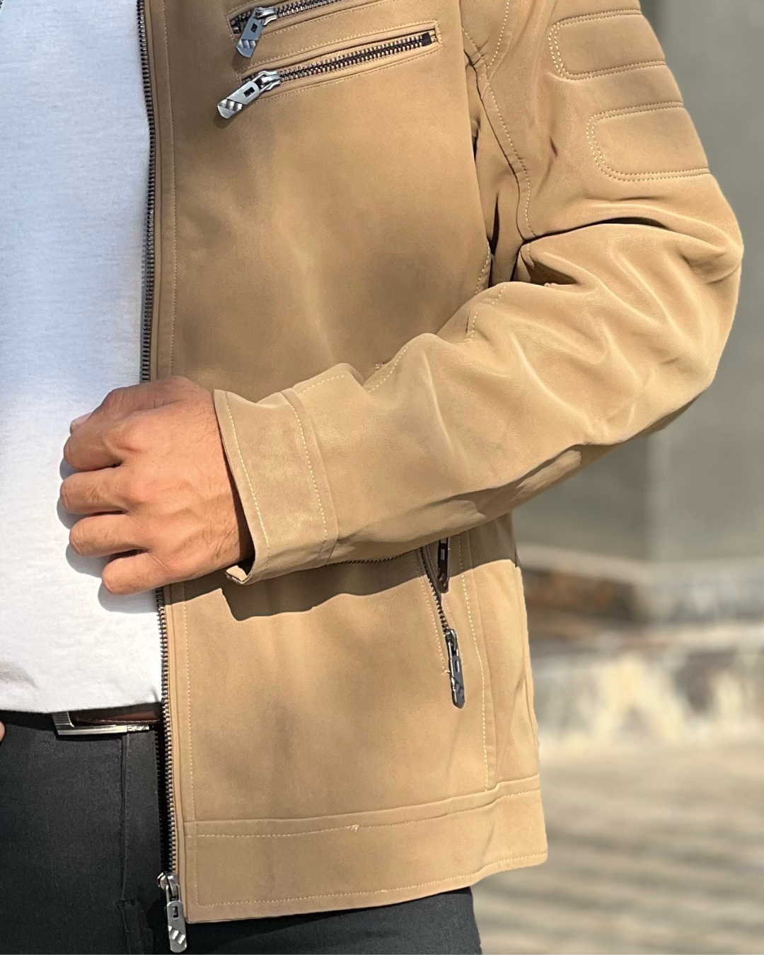 Men's Faux Suede Biker Jacket with Quilted Shoulder Detail - Moto Style Outerwear