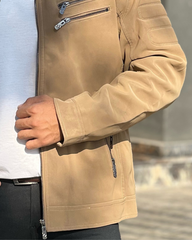 Men's Faux Suede Biker Jacket with Quilted Shoulder Detail - Moto Style Outerwear