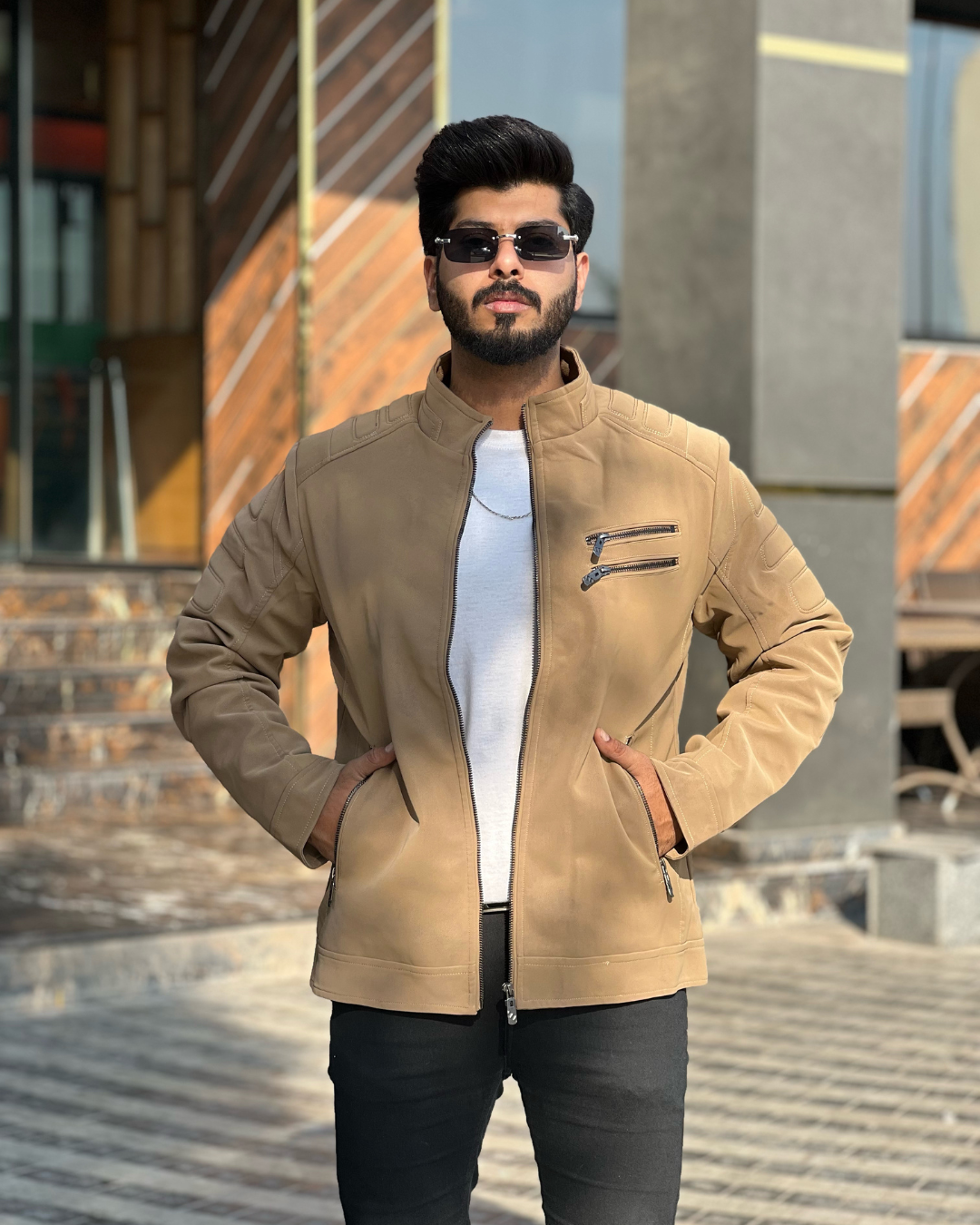 Men's Faux Suede Biker Jacket with Quilted Shoulder Detail - Moto Style Outerwear