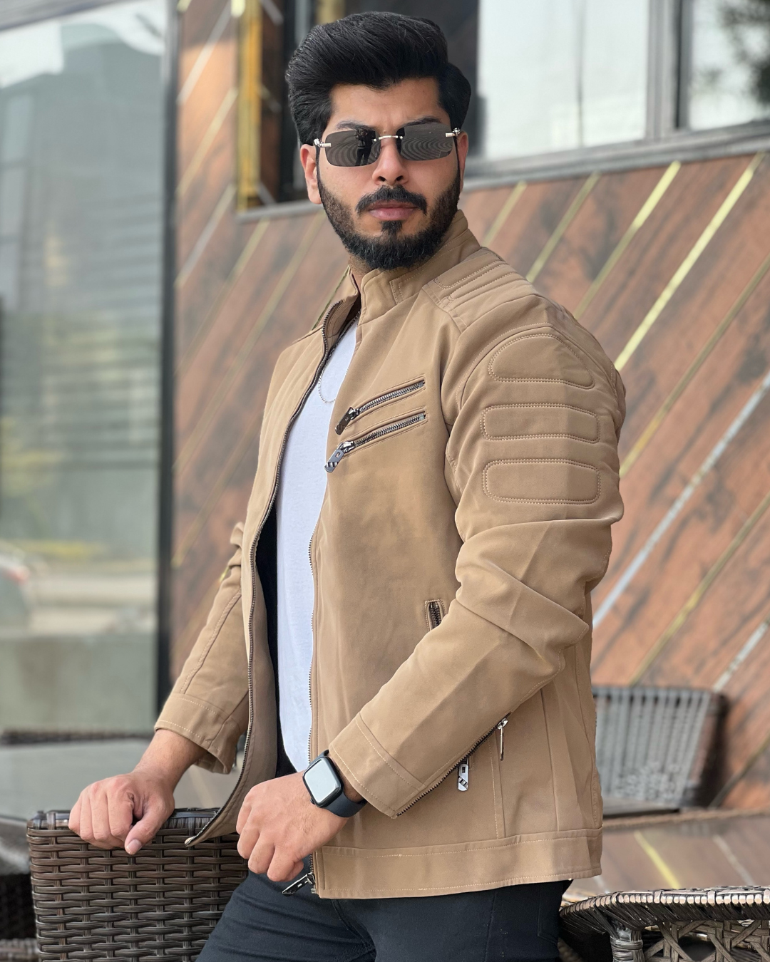 Men's Faux Suede Biker Jacket with Quilted Shoulder Detail - Moto Style Outerwear