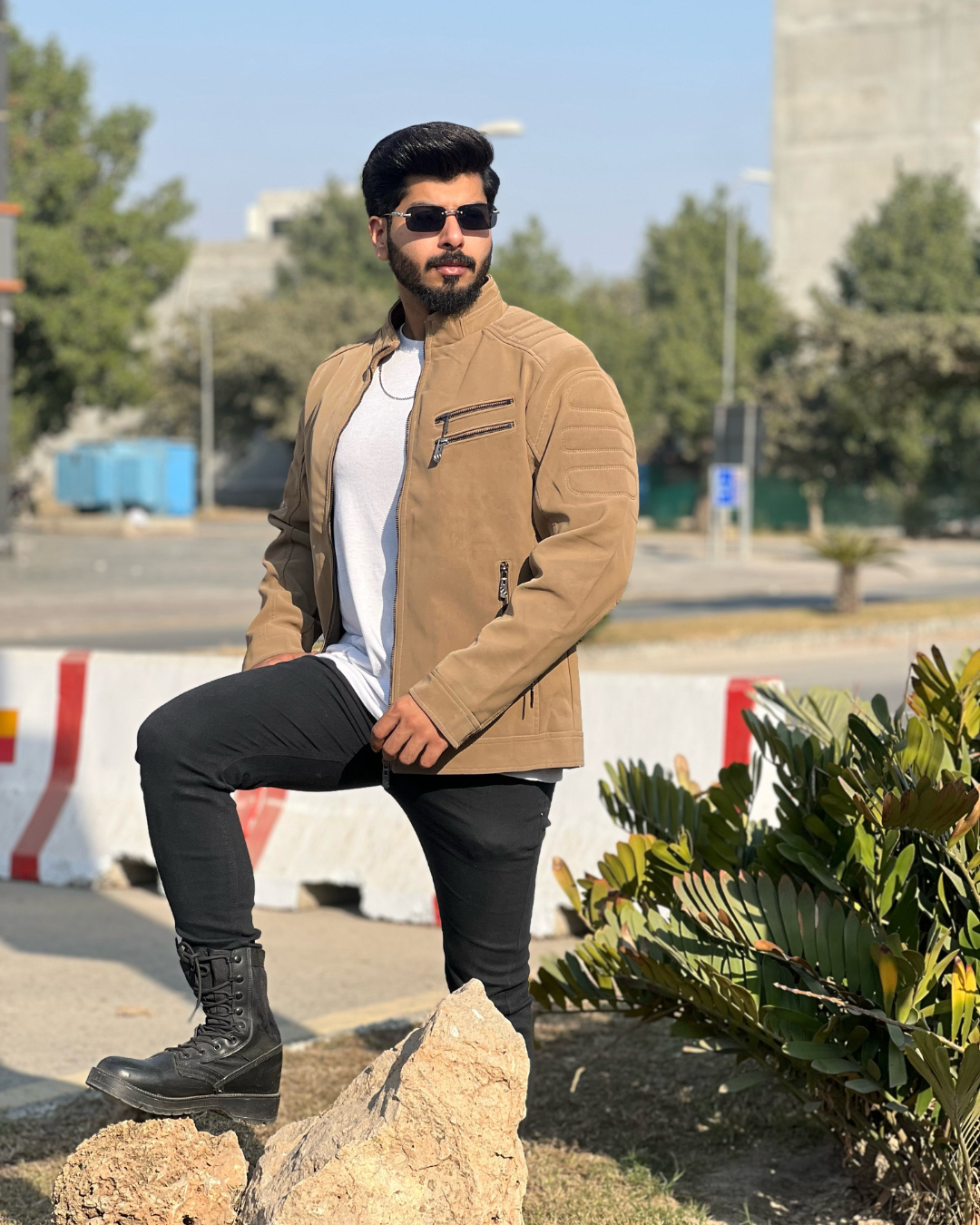 Men's Faux Suede Biker Jacket with Quilted Shoulder Detail - Moto Style Outerwear