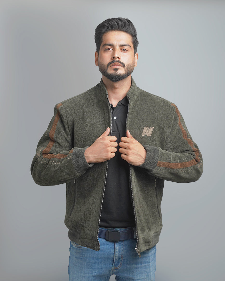 Men's Zip-Up Fleece Jacket with Contrast Stripe Detail - High Collar Sportswear