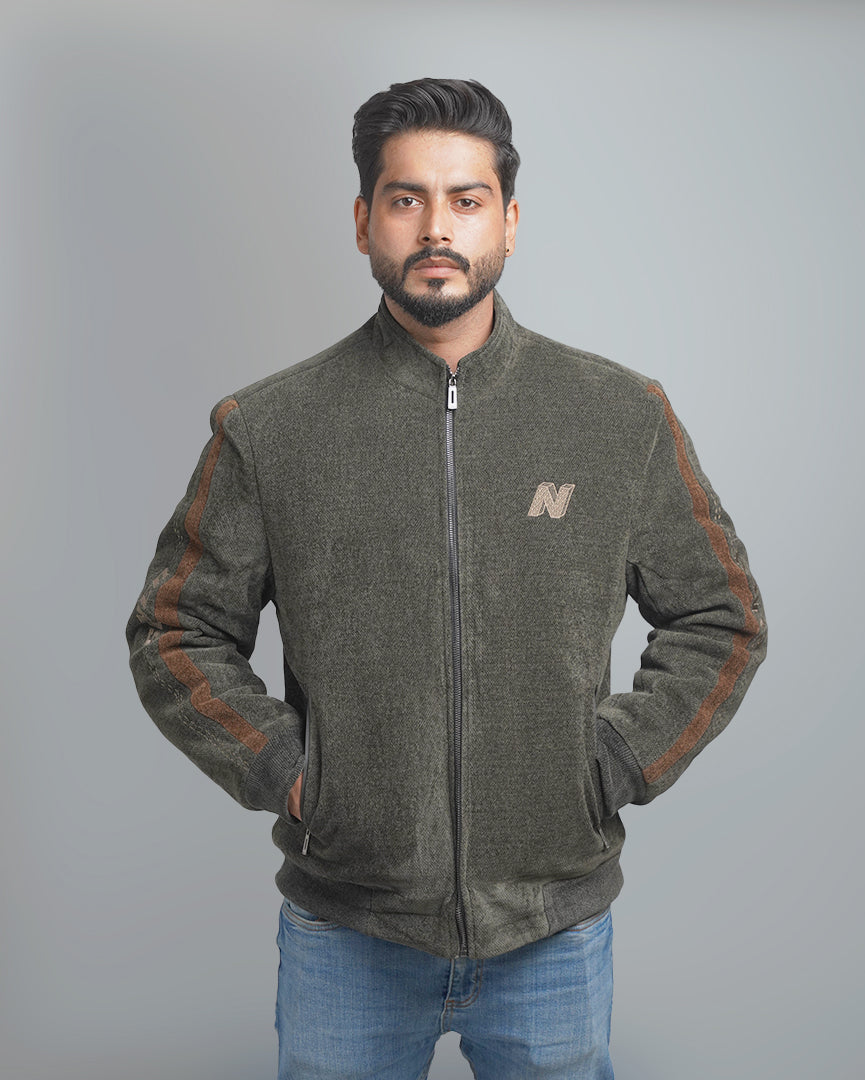 Men's Zip-Up Fleece Jacket with Contrast Stripe Detail - High Collar Sportswear