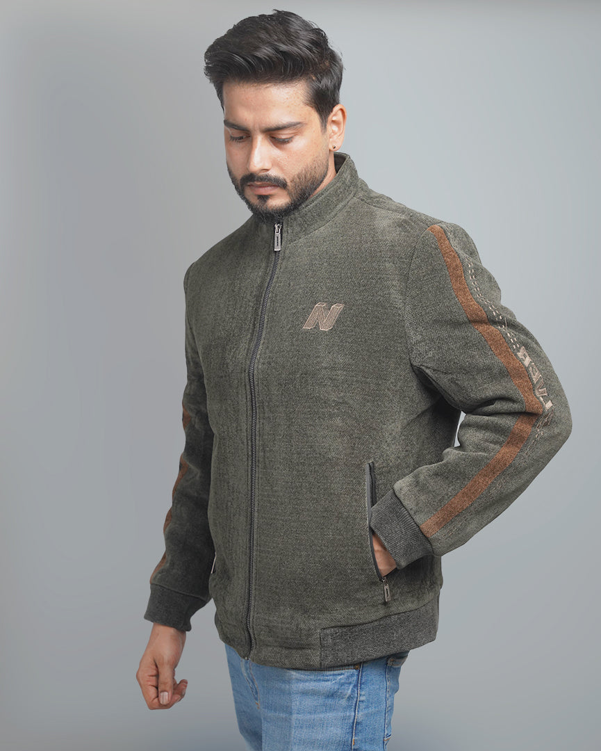 Men's Zip-Up Fleece Jacket with Contrast Stripe Detail - High Collar Sportswear