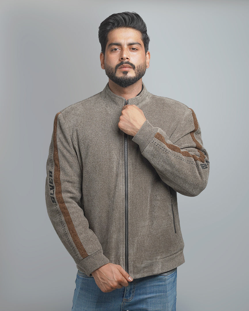 Men's Zip-Up Fleece Jacket with Contrast Stripe Detail - High Collar Sportswear