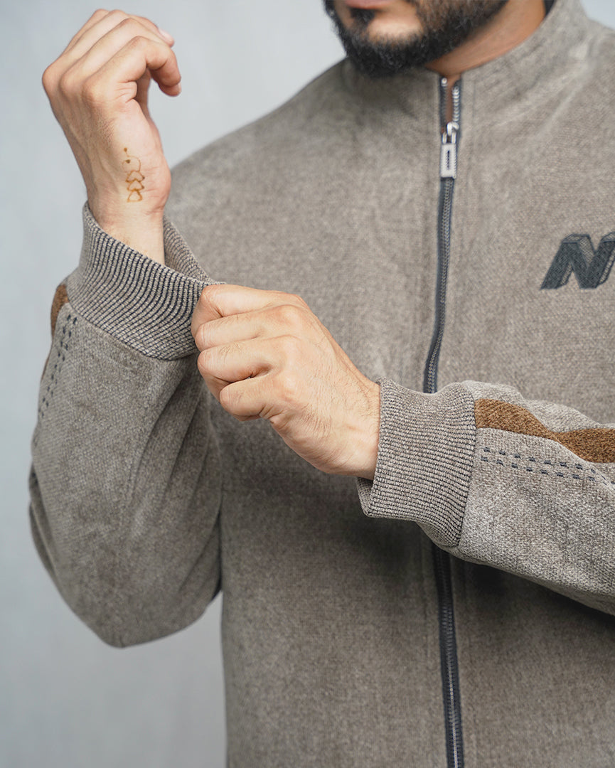 Men's Zip-Up Fleece Jacket with Contrast Stripe Detail - High Collar Sportswear