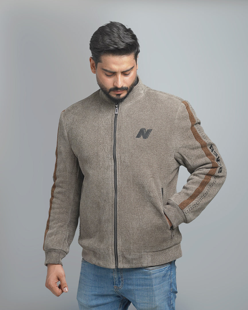 Men's Zip-Up Fleece Jacket with Contrast Stripe Detail - High Collar Sportswear