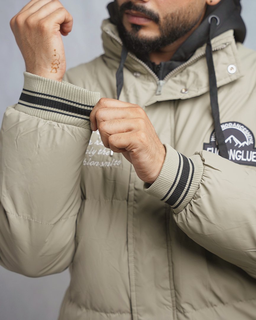 Men's Varsity Style Puffer Jacket with Hood - Embroidered Insulated Bomber