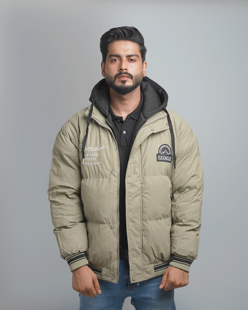 Men's Varsity Style Puffer Jacket with Hood - Embroidered Insulated Bomber