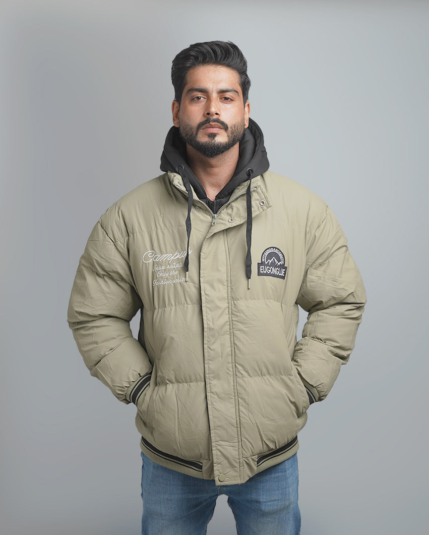 Men's Varsity Style Puffer Jacket with Hood - Embroidered Insulated Bomber