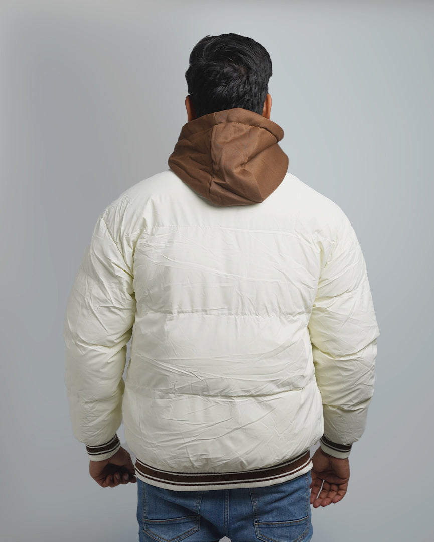Men's Varsity Style Puffer Jacket with Hood - Embroidered Insulated Bomber