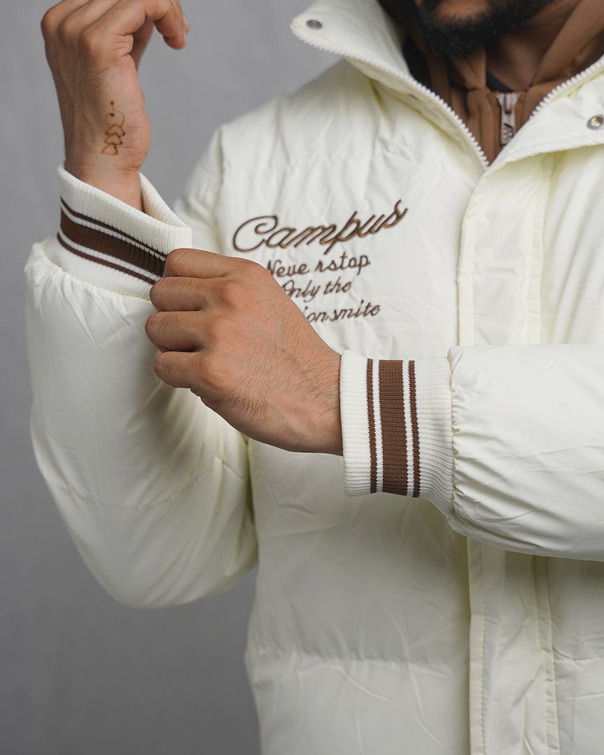 Men's Varsity Style Puffer Jacket with Hood - Embroidered Insulated Bomber