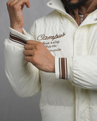 Men's Varsity Style Puffer Jacket with Hood - Embroidered Insulated Bomber