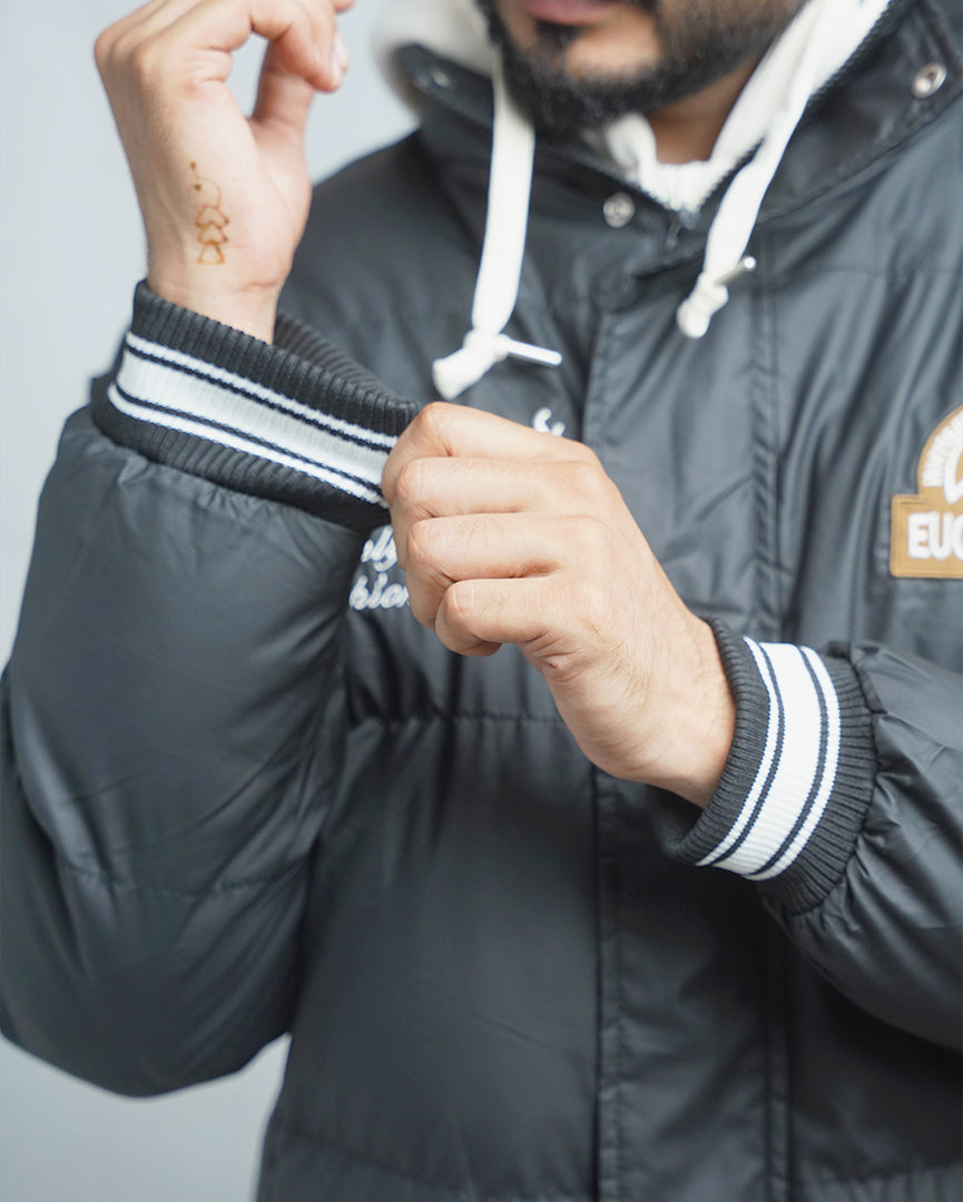 Men's Varsity Style Puffer Jacket with Hood - Embroidered Insulated Bomber