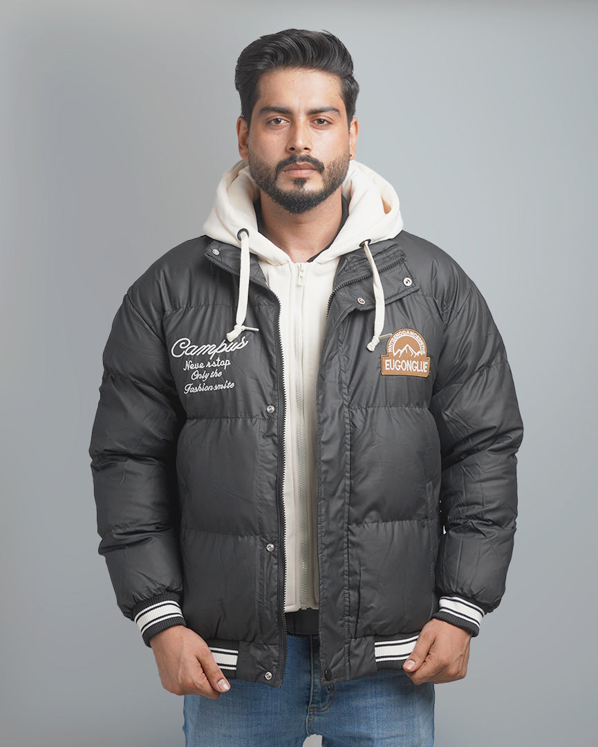 Men's Varsity Style Puffer Jacket with Hood - Embroidered Insulated Bomber