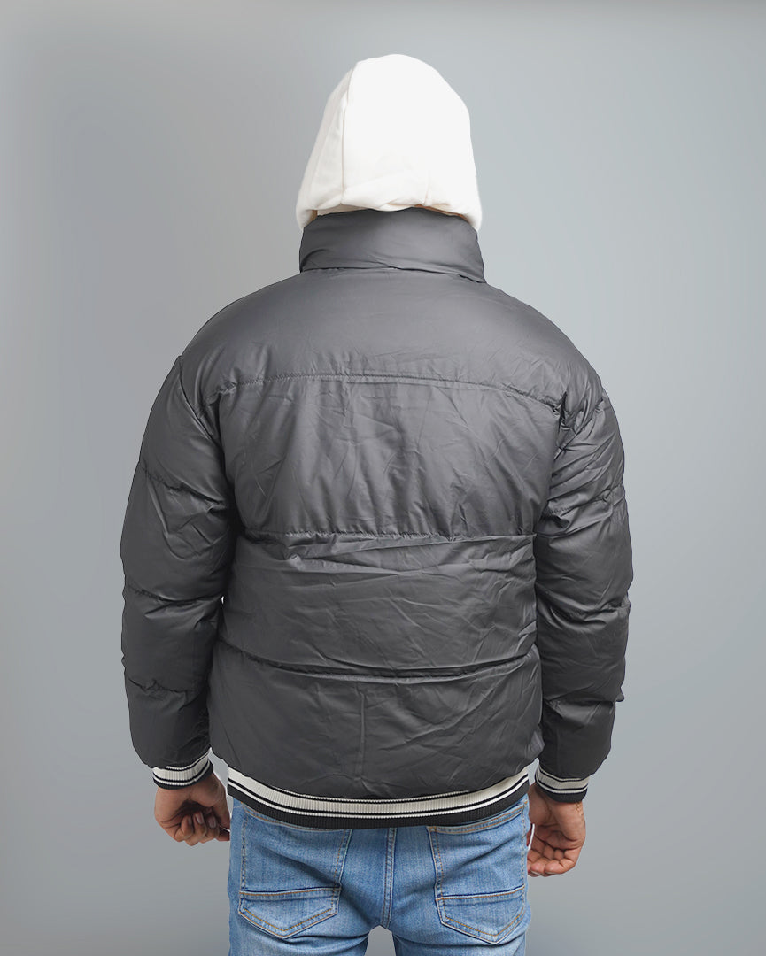 Men's Varsity Style Puffer Jacket with Hood - Embroidered Insulated Bomber