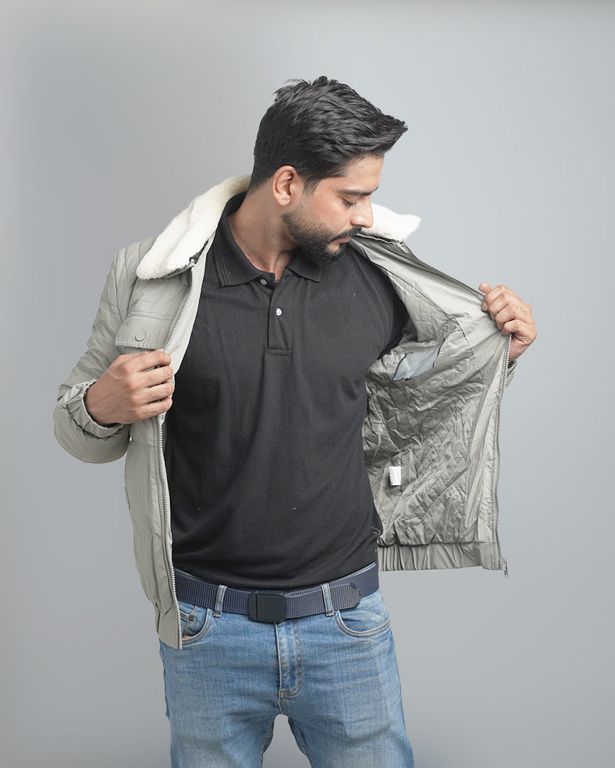Men's Insulated Puffer Jacket with Plush Shearling Collar