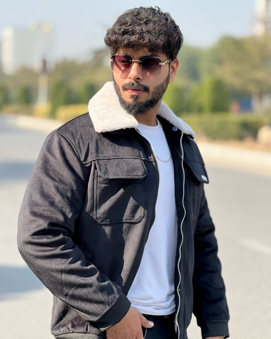 Men's Suede Bomber Jacket with Warm Sherpa Lining