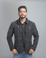 Men's Faux Suede Biker Jacket with Quilted Shoulder Detail - Moto Style Outerwear