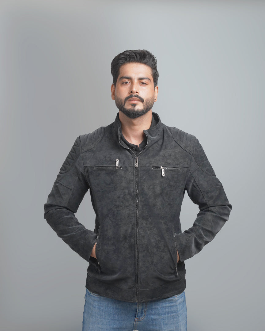 Men's Faux Suede Biker Jacket with Quilted Shoulder Detail - Moto Style Outerwear